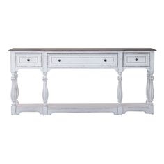 a white console table with two drawers