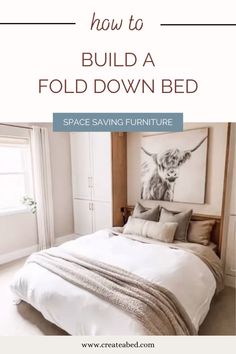 a bed with white linens and pillows in a room that says how to build a fold down bed space saving furniture