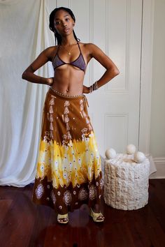 "Vintage maxi skirt in a gorgeous sunshine yellow and chestnut brown shades with silver sequin embellishments on the front. Has zip closure at size and drawstring waist and can be worn high or low waisted depending on measurements/desired fit.  Fits up to a 27\" waist." Festival Maxi Skirt, 2024 Wardrobe, Boho Whimsical, Vintage Maxi Skirt, Earthy Outfits, Sunshine Yellow, Whimsical Fashion, Brown Shades, Aesthetic Photos