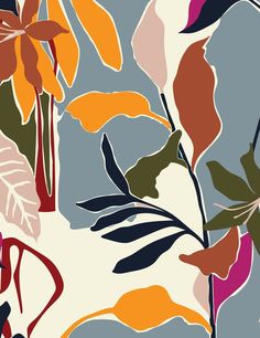 an abstract floral pattern with orange, red and green leaves on a white background in shades of blue