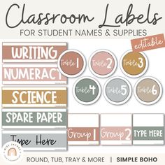 classroom labels for students and supplies with the words'writing, numeracy, science,