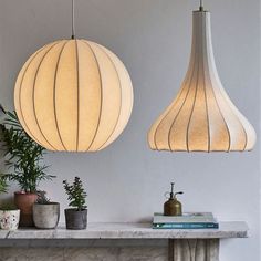 two lamps hanging from the ceiling above a fireplace in a room with plants and books