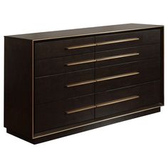 a brown dresser with gold handles and drawers