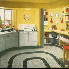 a kitchen with yellow walls and white appliances