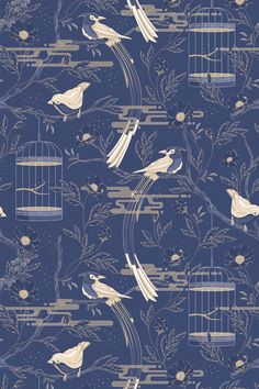 a blue and gold wallpaper with birds in cages