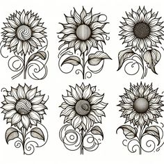 four sunflowers with swirly designs on the sides and one in the middle