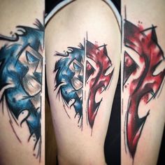 three different colored tattoos on the legs