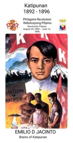 an advertisement for the philippines revolution, featuring a young boy in uniform and holding a flag