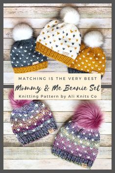 three knitted hats with the words matching is the very best mommy and me beanie set