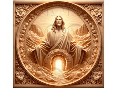 the jesus is standing in front of an open doorway with light coming through his eyes