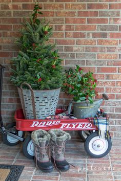 a red wagon filled with christmas trees next to a potted plant and other items