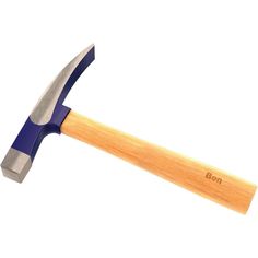 a hammer with wooden handle and blue handles is shown on a white background in this image