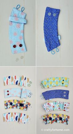 four different types of baby bibs are shown in three different pictures, one is blue and the other has multicolored flowers