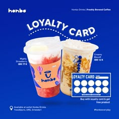 two drinks are shown with information about the drink and their ingredients on display in this advertisement