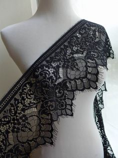 "chantilly lace in black for shawls, mantilla, lingerie, capelet, weddings This listing is for 3.3 yards of chantilly lace Perfect for bridal wear, lingerie, lace top, mantilla, wedding gown etc. Measurement (approx): 7.1\" in width (18 cm) Qty: One piece of 3.3 yards ( Additional quantities are available) NOTE: The longest piece of 3.3 yards Color: black, white DIY homemade fabric, Wedding, Bridal dress, Ribbon flowers, jewelry design, doll clothes, Cake, dolls, hang adorn, bra decoration, smal Wedding Dress Victorian, Chantilly Lace Trim, Beautiful Frocks, Goth Princess, Dress Ribbon, Lace Tattoo, Dark Wedding, For Wedding Dress, Chantilly Lace