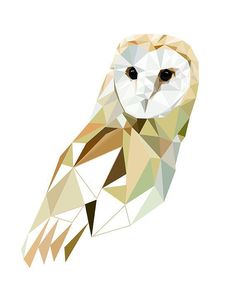 an owl made up of triangles on a white background is featured in the image, it appears to be looking straight ahead