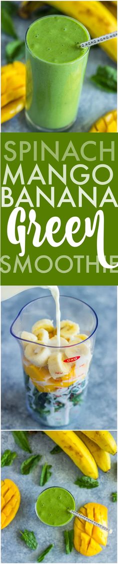 spinach and banana smoothie recipe in a glass bowl with bananas on the side