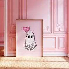 a pink room with a ghost holding a heart shaped balloon