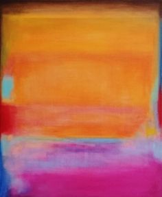 an abstract painting with orange, pink and blue colors