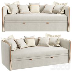 two images of a couch with many pillows on the top and bottom one is white