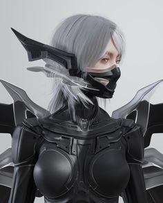 a woman with white hair and black armor holding two knives in one hand while standing next to another