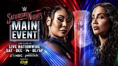 two women standing next to each other in front of a neon background with the words main event