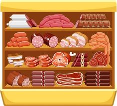 an assortment of meats and sausages on shelves