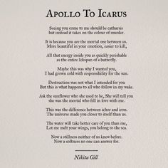 the poem is written in black and white on a piece of paper that reads,'apollo to icarus '