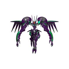 a purple and green robot with large wings