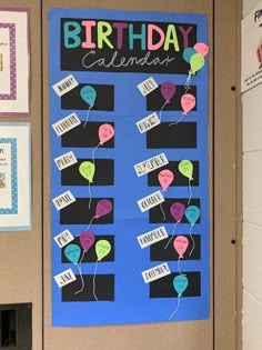 a bulletin board decorated with birthday messages and balloons on the front, in a classroom setting