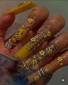 Winnie the pooh inspired nails Piglet Nails Winnie The Pooh, Fall Winnie The Pooh Nails, Fall Character Nails, Winnie The Pooh Nail Designs, Winnie Pooh Nails, Winnie The Pooh Nails Acrylic, Pooh Bear Nails, Tigger Nails, Eeyore Nails