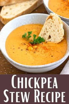 two bowls of chicken stew with bread in the background and text overlay that reads, chickpea stew recipe