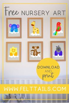 a baby's nursery wall with pictures and the words free nursery art