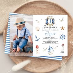 Blue Red Modern Sailing into Nautical 1st Birthday Invitation Nautical 1st Birthday, Nautical Birthday Invitations, Nautical Birthday, 1st Birthday Invitation, First Birthday Party Themes, 1st Birthday Invitations, First Birthday Invitations, Boy First Birthday, Birthday Invite