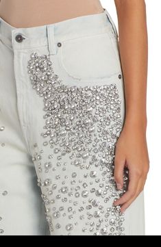 Sparkling crystals fall from the front pockets of relaxed straight-leg jeans that boast the Italian brand's signature distressed details and lived-in attitude. Zip fly with button closure Five-pocket style 100% cotton Dry clean Made in Italy Women's Designer Clothing Rhinestone Embellishments, Area Jeans, Sparkly Jeans, Bejeweled Jeans, Crystal Jeans, Luxury Embellished Jeans For Women, Righnstone Jeans, Luxury Rhinestone Straight Leg Jeans, Area Crystal Jeans