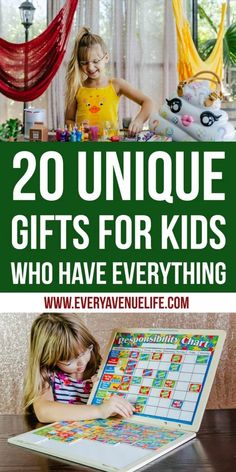 two children playing with toys on a laptop and the title reads 20 unique gifts for kids who have everything