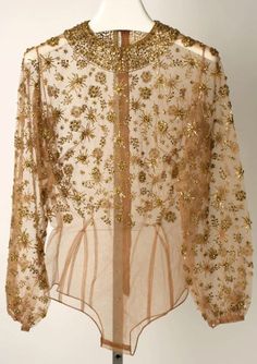 MAINBOCHER Nude Embroidered Bodysuit 1950 VINTAGE... Evening Blouses, Salwar Kamiz, Vestidos Vintage, Gold Sequins, 1950s Fashion, Historical Fashion, Mode Inspiration