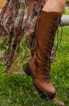 Lace up to sophistication with the tall Henrietta Boots by Vintage Foundry Co.Sizing: True to size. . Round toe. Lace-up vamp. Leather upper. Side zip closure. Lightly cushioned footbed. Embossed detail. Lug sole. Block heel. Approx. 13.5" shaft height; 14.5" opening circumference. Approx. 1" heel. Imported Leather upper, rubber sole Lace Up Boots Women, Steve Madden Sneakers, Leather Lace Up Boots, Flip Flop Slippers, Sweaters And Leggings, Comfortable Sandals, Boots Women, Lug Sole