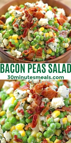 bacon pea salad with corn and feta cheese in a bowl