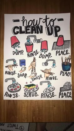 a sign that says how to clean up on the side of a wooden table with various items