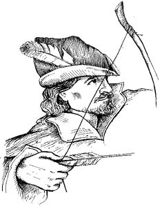 an ink drawing of a man with a bow and arrow in his hand, pointing at something