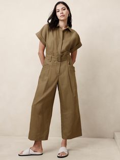 Linen-Blend Jumpsuit | Banana Republic Factory Linen Jumpsuits For Women, Stylish Jumpsuit Fashion, Jumpsuit Fall Outfit, Dream Teacher, Banana Republic Outfits, Workwear Jumpsuit, Tan Jumpsuit, American Flag Sunglasses, Fashion Show Poster