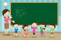 a group of children standing in front of a blackboard wearing face masks to protect them from the corona