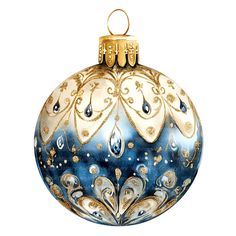 a blue and gold christmas ornament on a white background