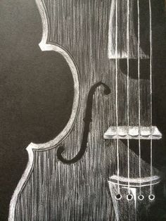 a drawing of a violin on a blackboard with the strings drawn in white chalk