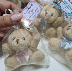 a person holding a small teddy bear in front of some other stuffed bears with tags on them