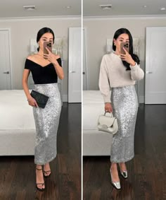 Petite holiday party outfit ideas: Styling my Amazon the drop sequin midi skirt with a reformation Ezlynn off shoulder top. Silver Skirt Styling, Silver Sequin Skirt Outfit Christmas, Silver Skirt Outfit Ideas, Midi Sequin Skirt Outfit, Silver Midi Skirt Outfit, Sequin Midi Skirt Outfit, Sequins Skirt Outfit