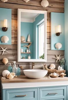 a bathroom with blue and white walls, wood paneling and a large mirror above the sink