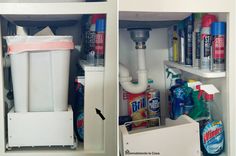 an open refrigerator door with cleaning products in it