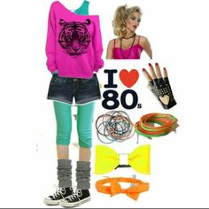 a woman in pink shirt standing next to neon colored clothing and accessories with i love 80s written on it